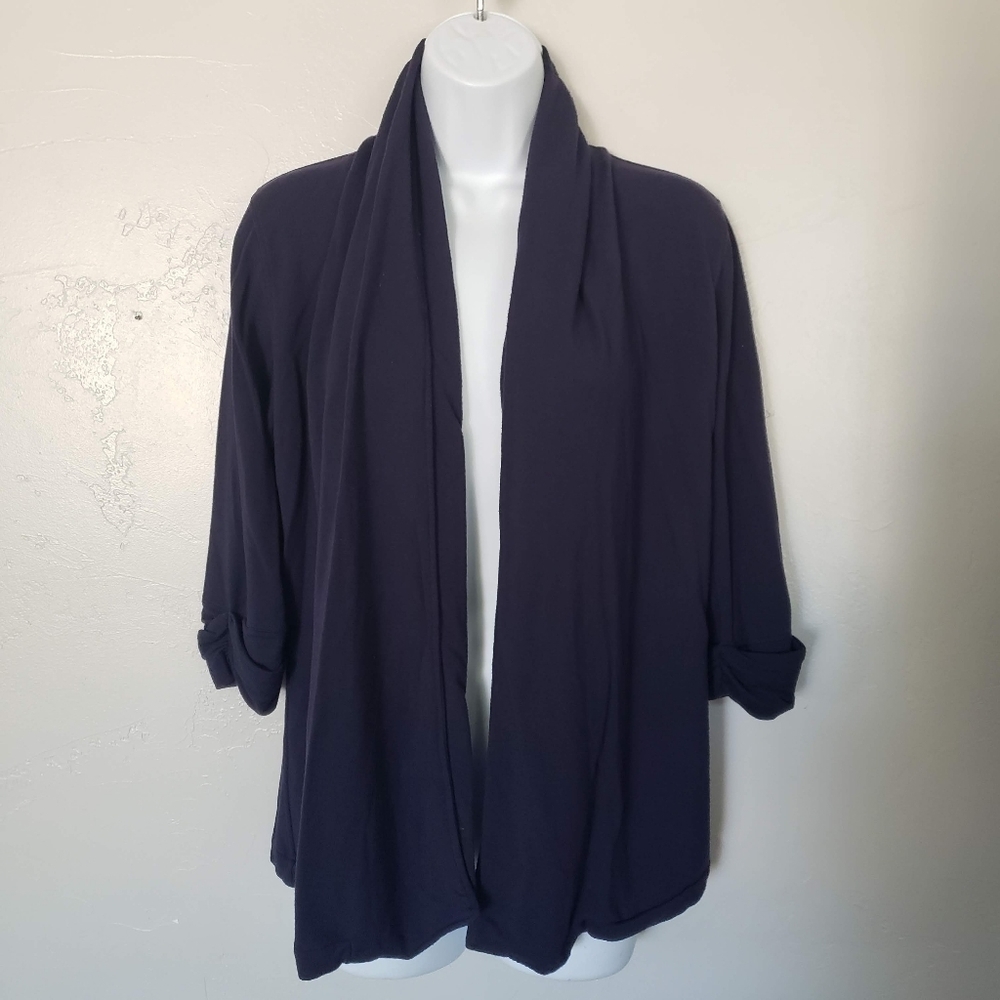 Theory Medium Navy Blue Draped Front Cardigan Quarter Sleeve Soft Cozy Sweater